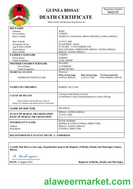 Guinea Bissau death certificate